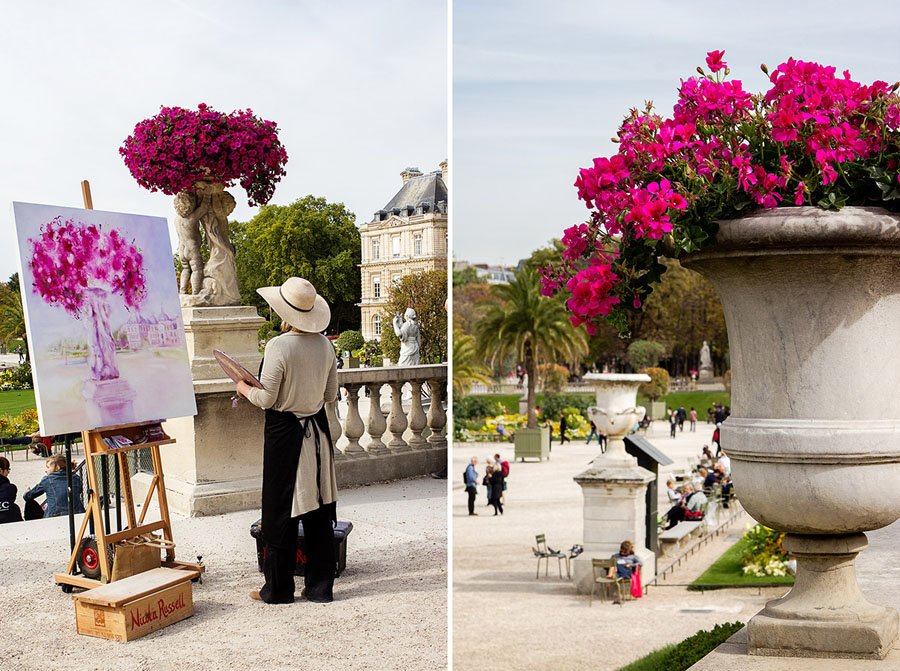 Dailininkė Nicola Russel tapanti paveikslą Liuksemburgo soduose Paryžiuje