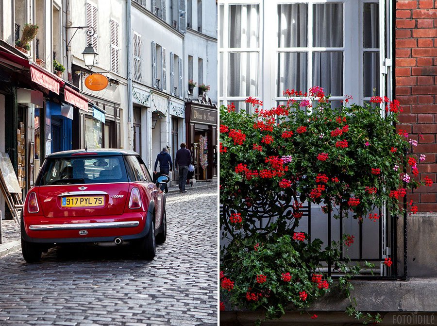 Raudonas Mini Cooper ir raudonos pelargonijos Paryžiuje