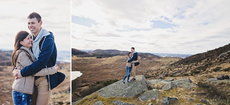 Vaikinas ir mergina džiaugiasi įveikę pusiaukelę į Dalsnuten kalną Norvegijoje