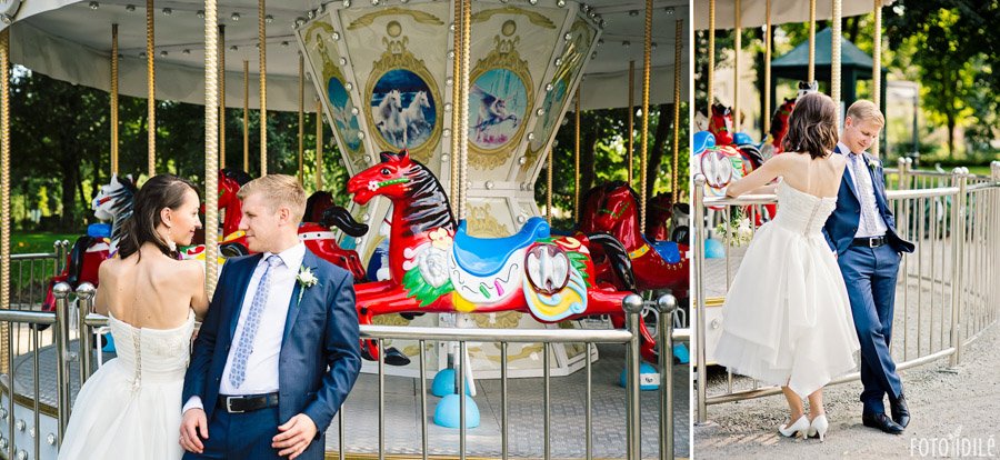 Vestuvių fotosesija prie karuselės Sereikiškių parke