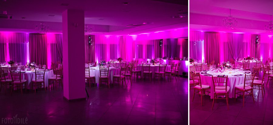 Violetinis apšvietimas Grįžulo ratų viešbučio pobūvių salėje vestuvėms