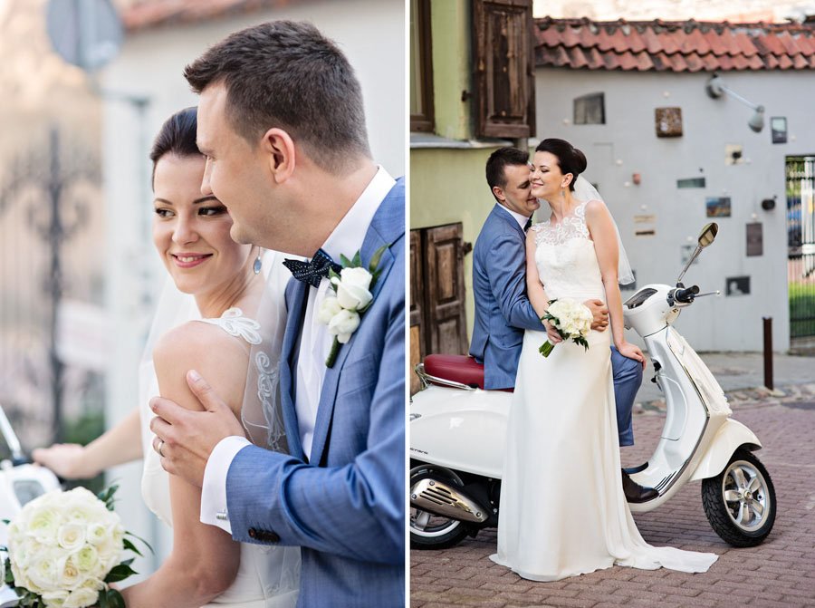 Vestuvių fotosesija su motoroleriu Vilniaus senamiestyje
